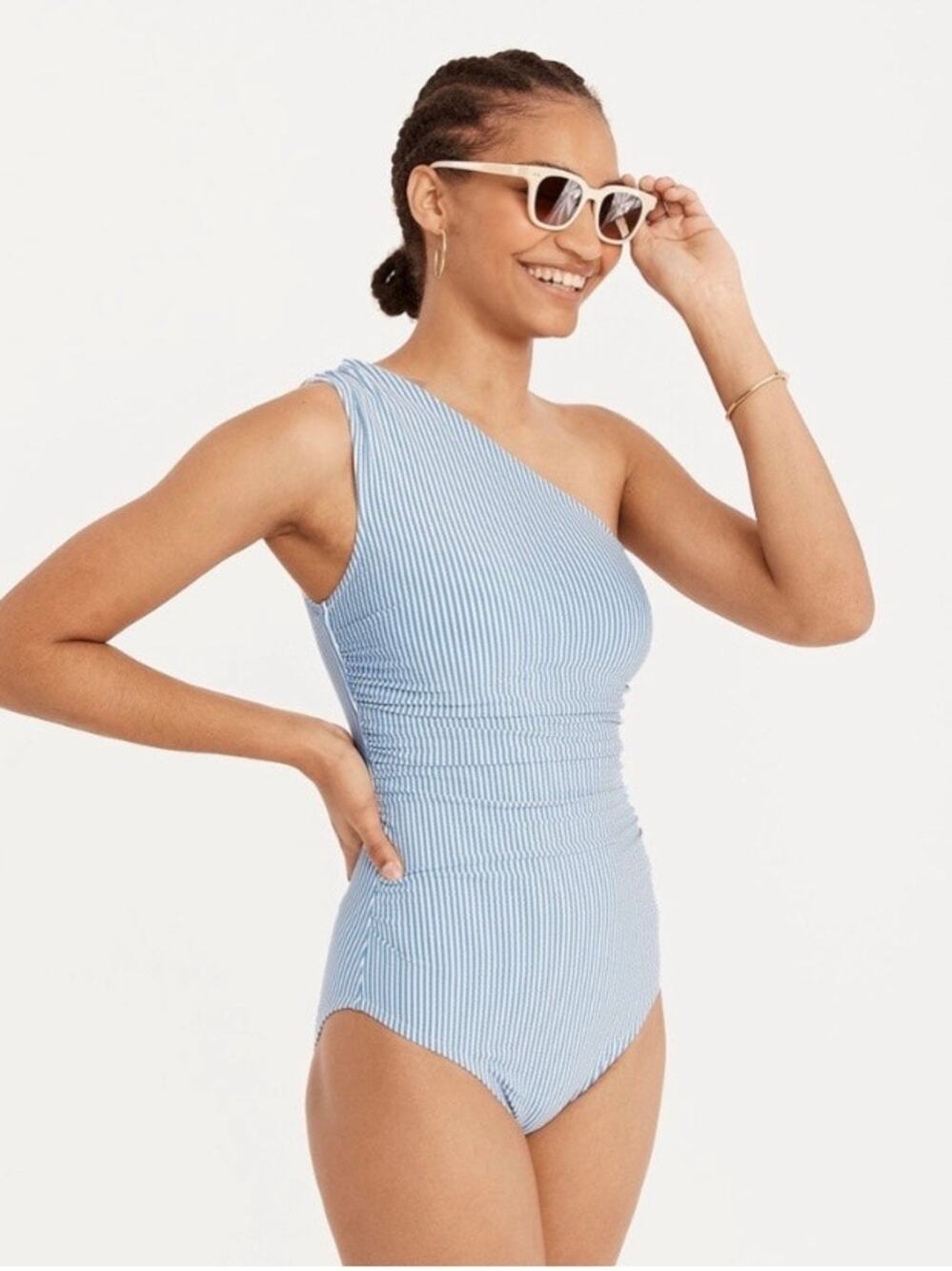 J.Crew Blue Stripe Seersucker Ruched One Shoulder one Piece Swimsuit Sz.22